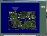 The new map window has a number of new features. It can tell you about terrain (including landscape and buildings), landscape alone, popular places, places where you can buy land, and places where there are objects for sale. This is the popularity map: popular areas are highlighted in white. The green dots are avatars. Notice the terrain features: buildings are shaded by height, giving the map a very realistic LANDSAT-like appearance.